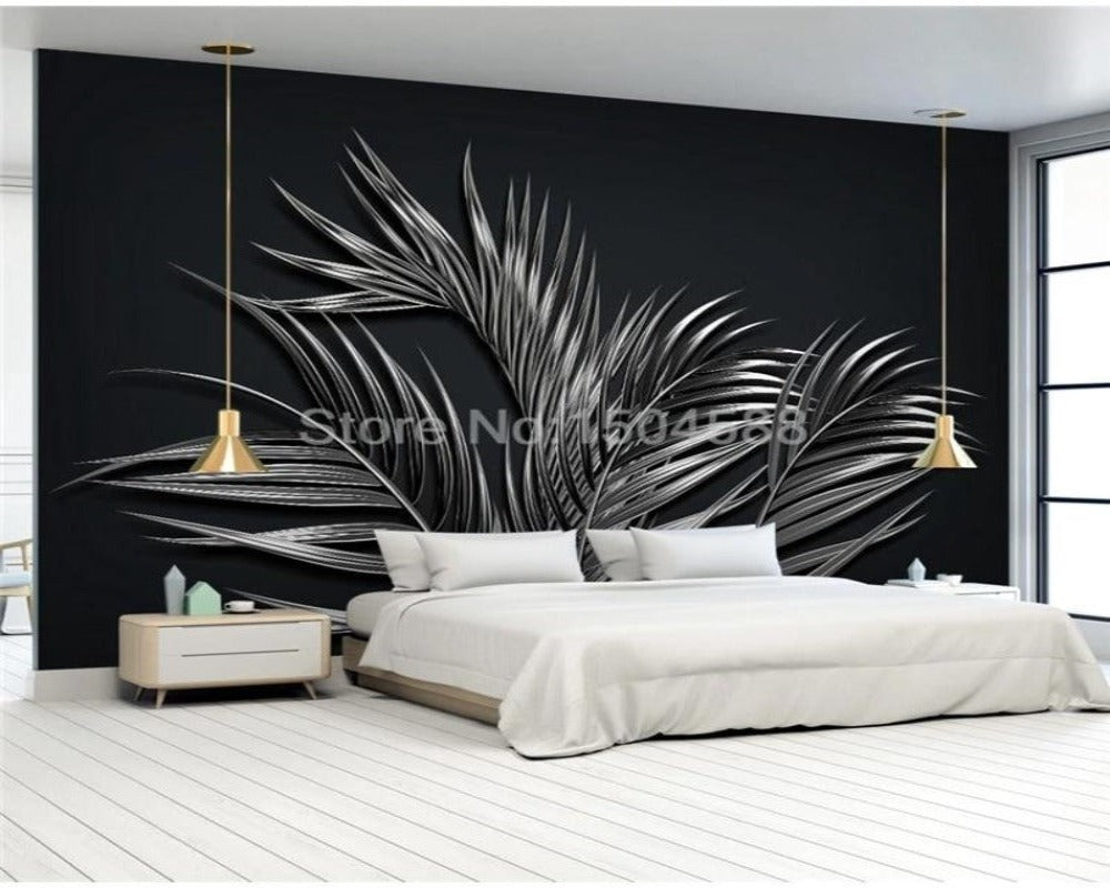 3D Wallpaper Black Tropical Steel Leaf